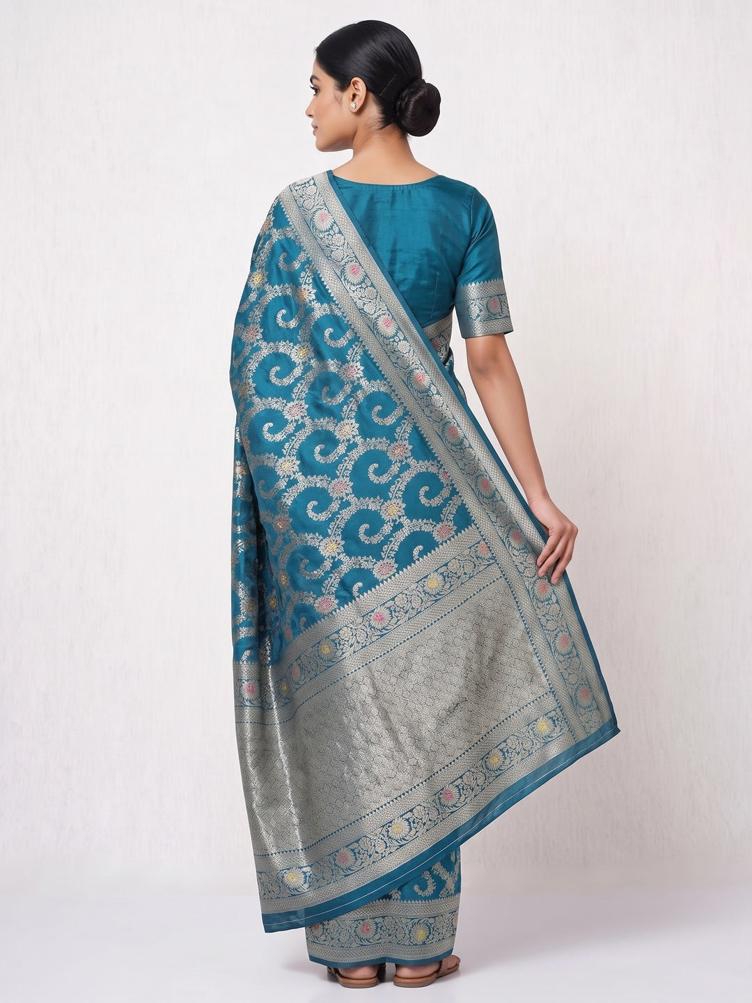 Teal Pure Silk Drape Featuring Traditional Heavy Zari Weaving for a Royal Look - Image 2