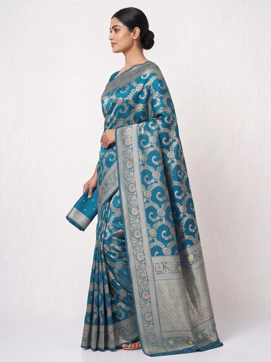 Teal Pure Silk Drape Featuring Traditional Heavy Zari Weaving for a Royal Look - Image 3