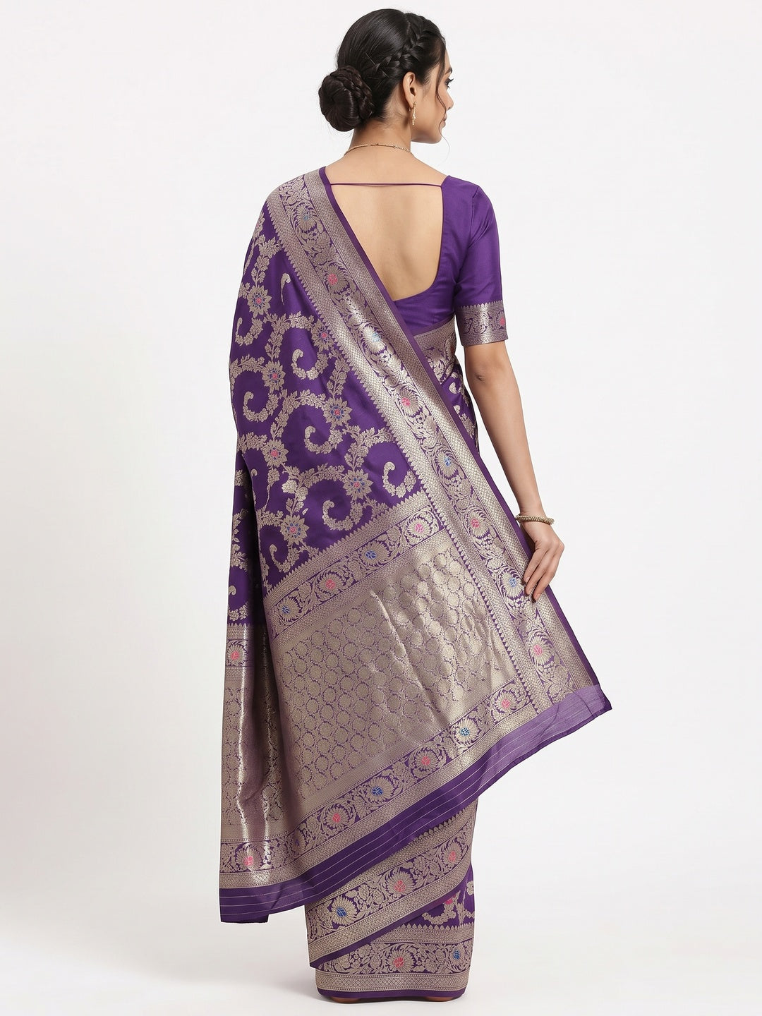 Violet Pure Silk Drape Featuring Traditional Heavy Zari Weaving for a Royal Look - Image 2