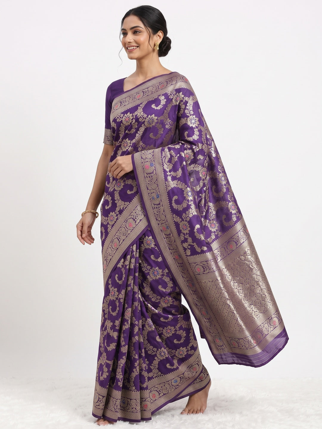 Violet Pure Silk Drape Featuring Traditional Heavy Zari Weaving for a Royal Look - Image 4