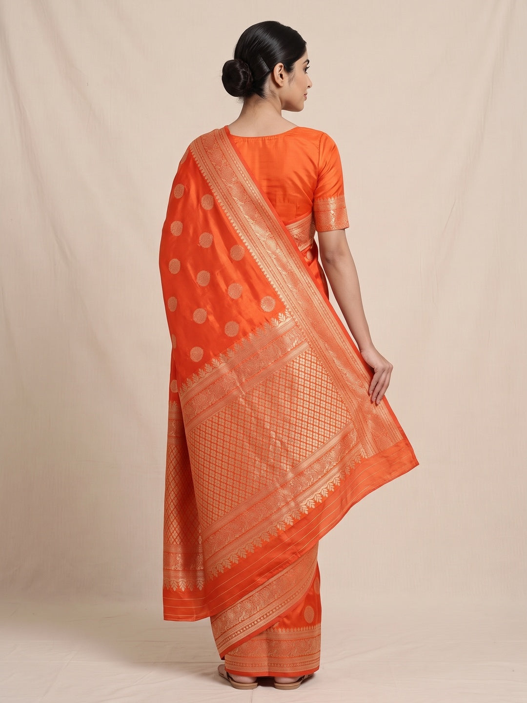 Orange Floral Woven Lichi Banarasi Silk Saree - Image 2