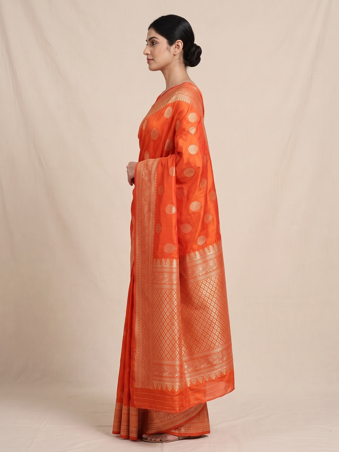 Orange Floral Woven Lichi Banarasi Silk Saree - Image 3