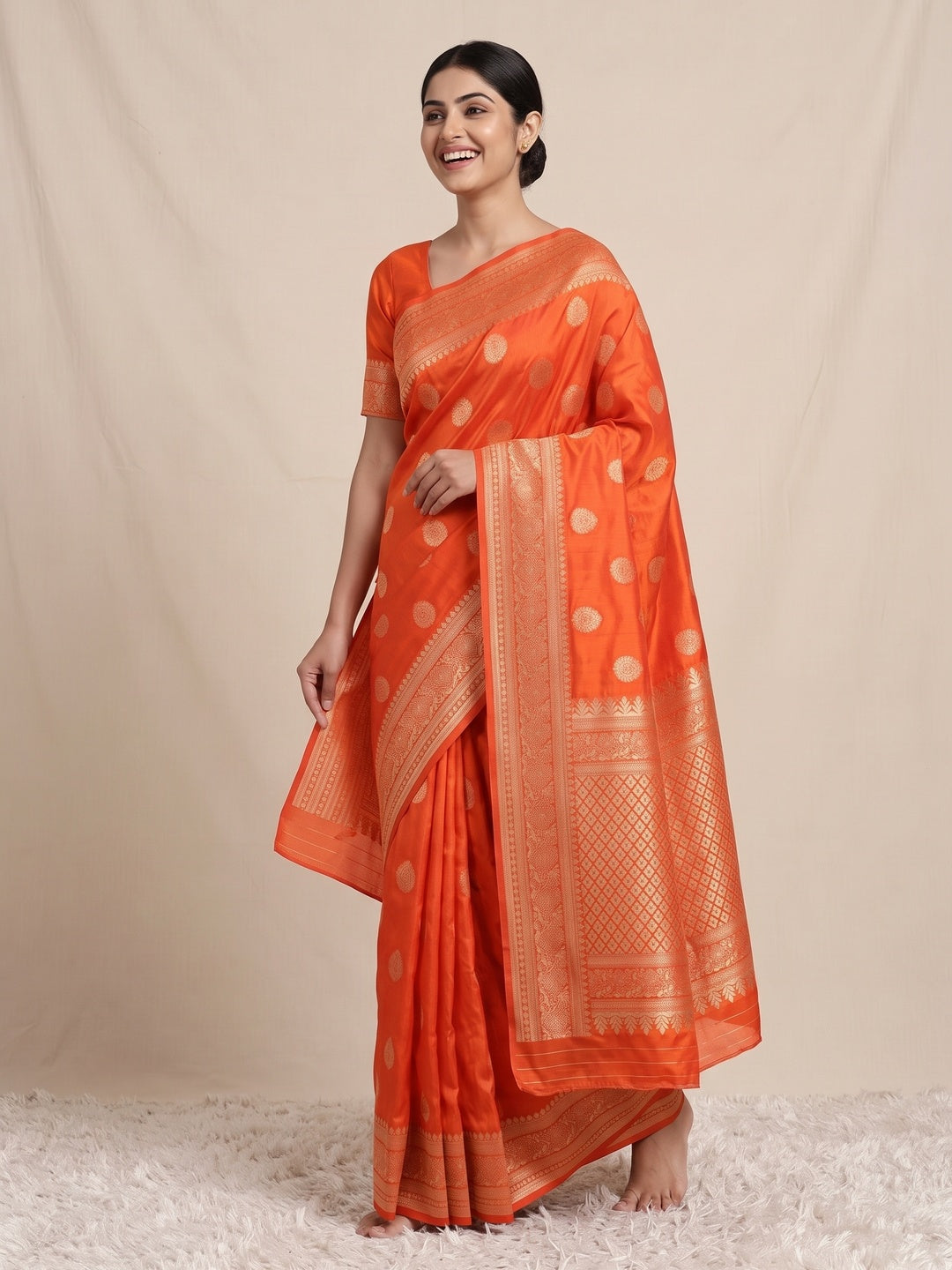 Orange Floral Woven Lichi Banarasi Silk Saree - Image 4