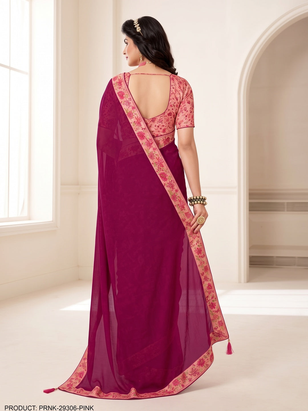 Pink Floral Digital Printed Georgette Saree - Image 2