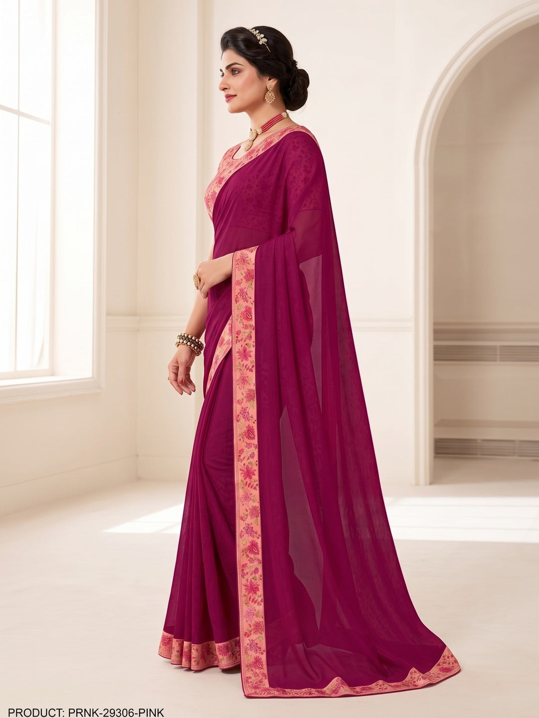 Pink Floral Digital Printed Georgette Saree - Image 3