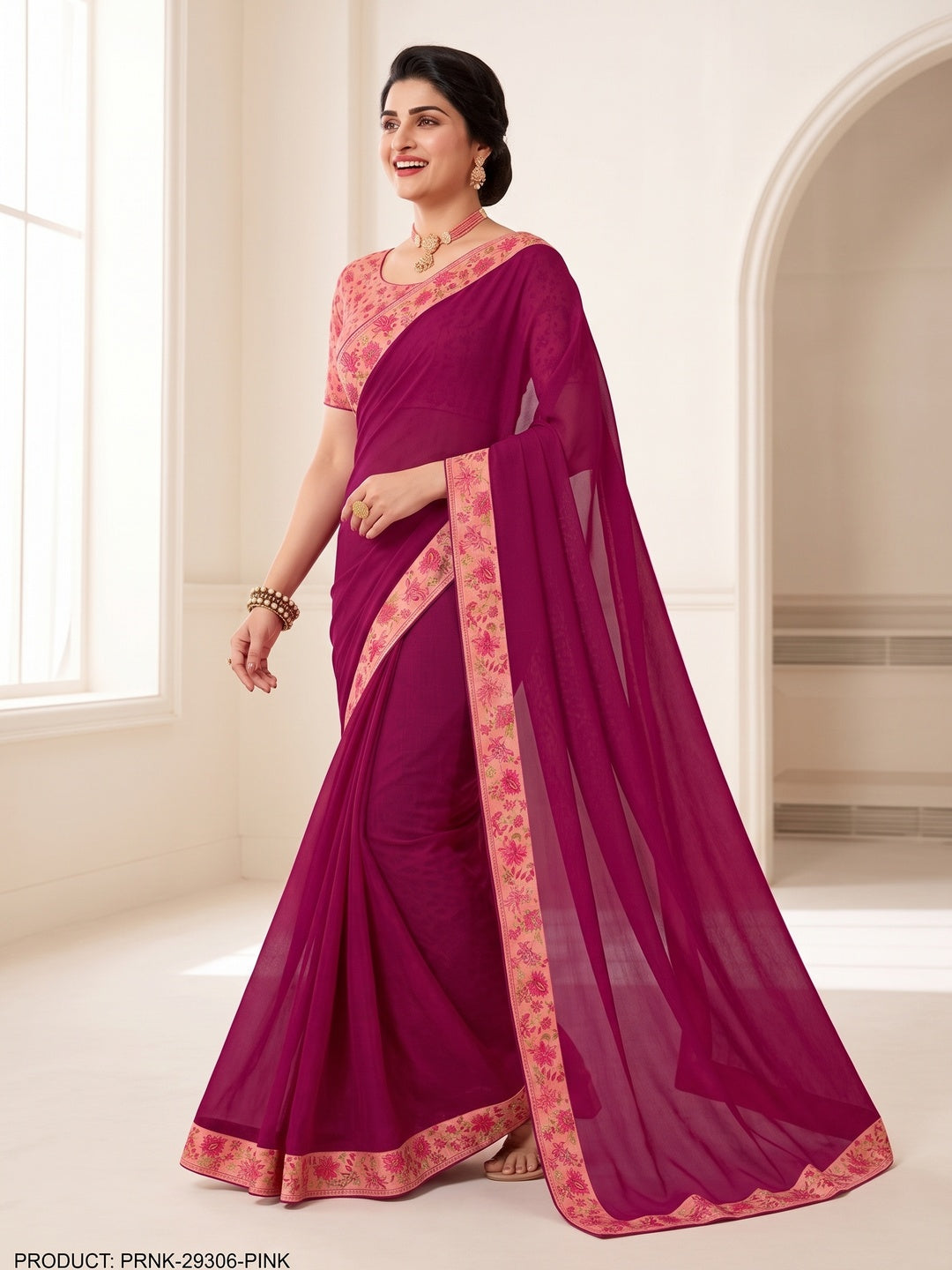 Pink Floral Digital Printed Georgette Saree - Image 4