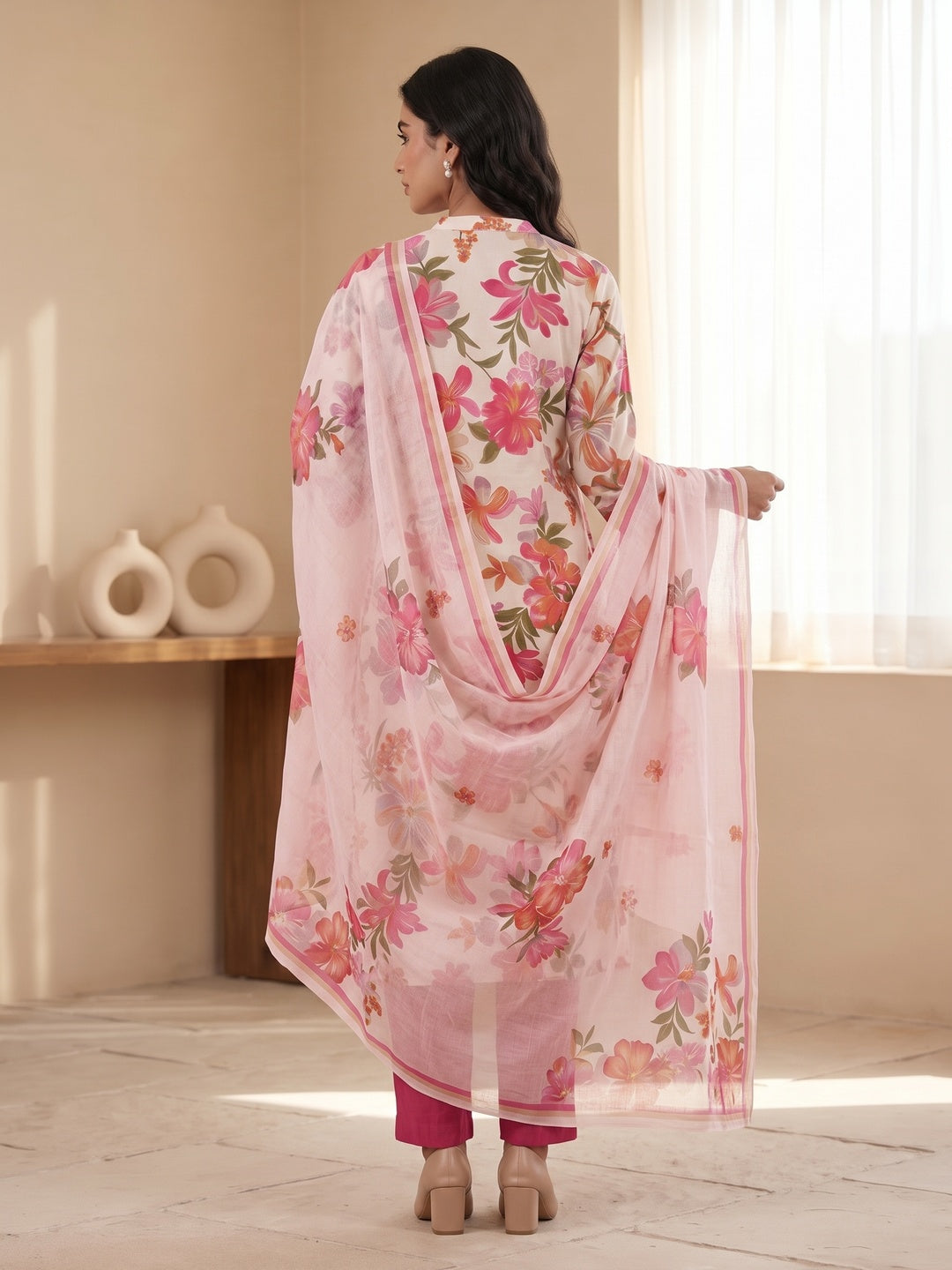 Pink Floral Printed Salwar Suit Set with Chanderi Dupatta - Image 4