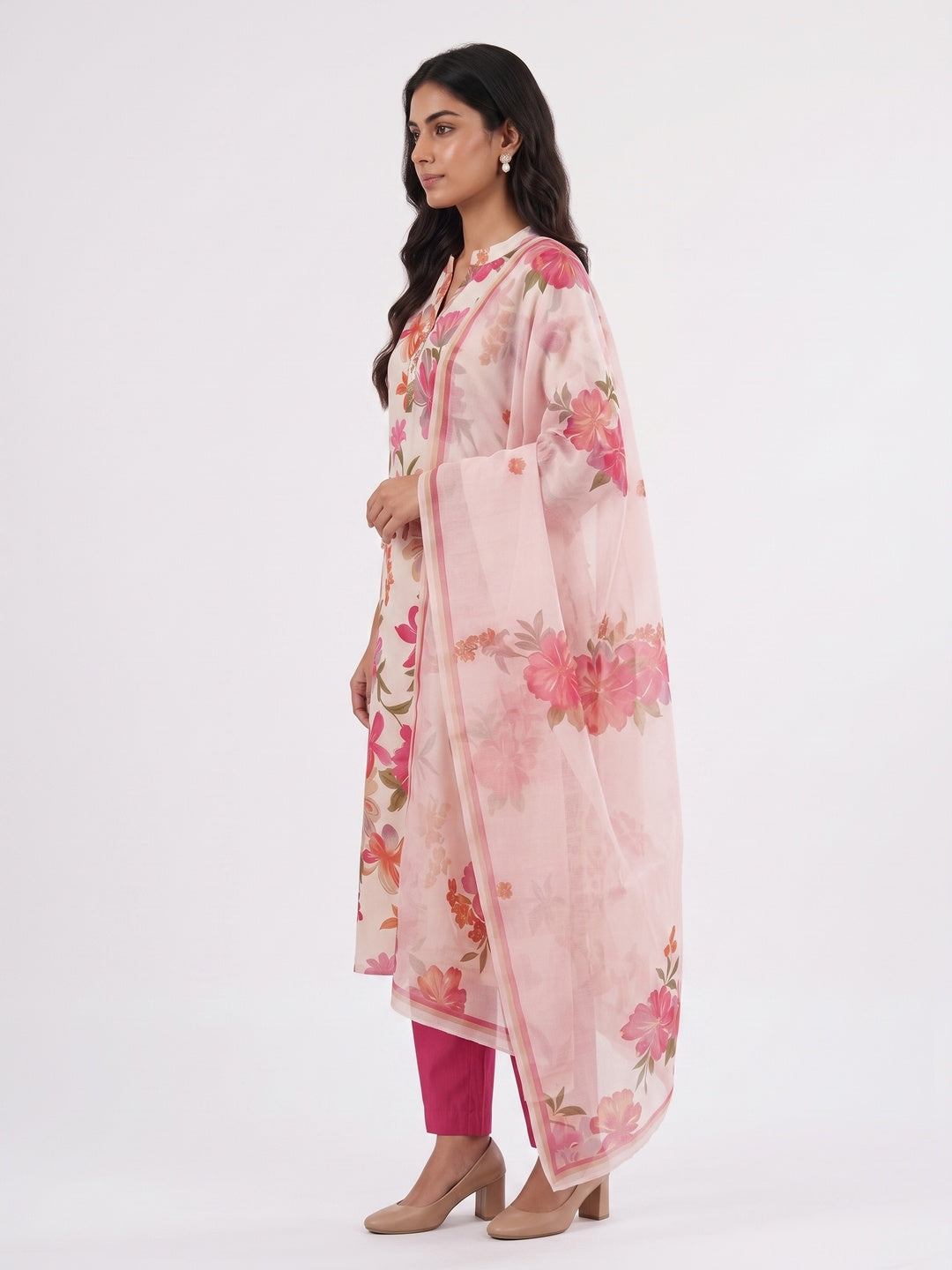 Pink Floral Printed Salwar Suit Set with Chanderi Dupatta - Image 5