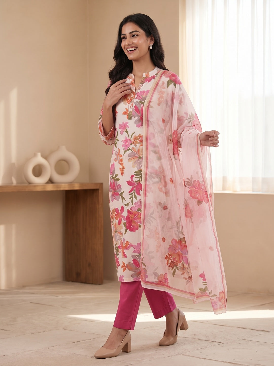 Pink Floral Printed Salwar Suit Set with Chanderi Dupatta - Image 6
