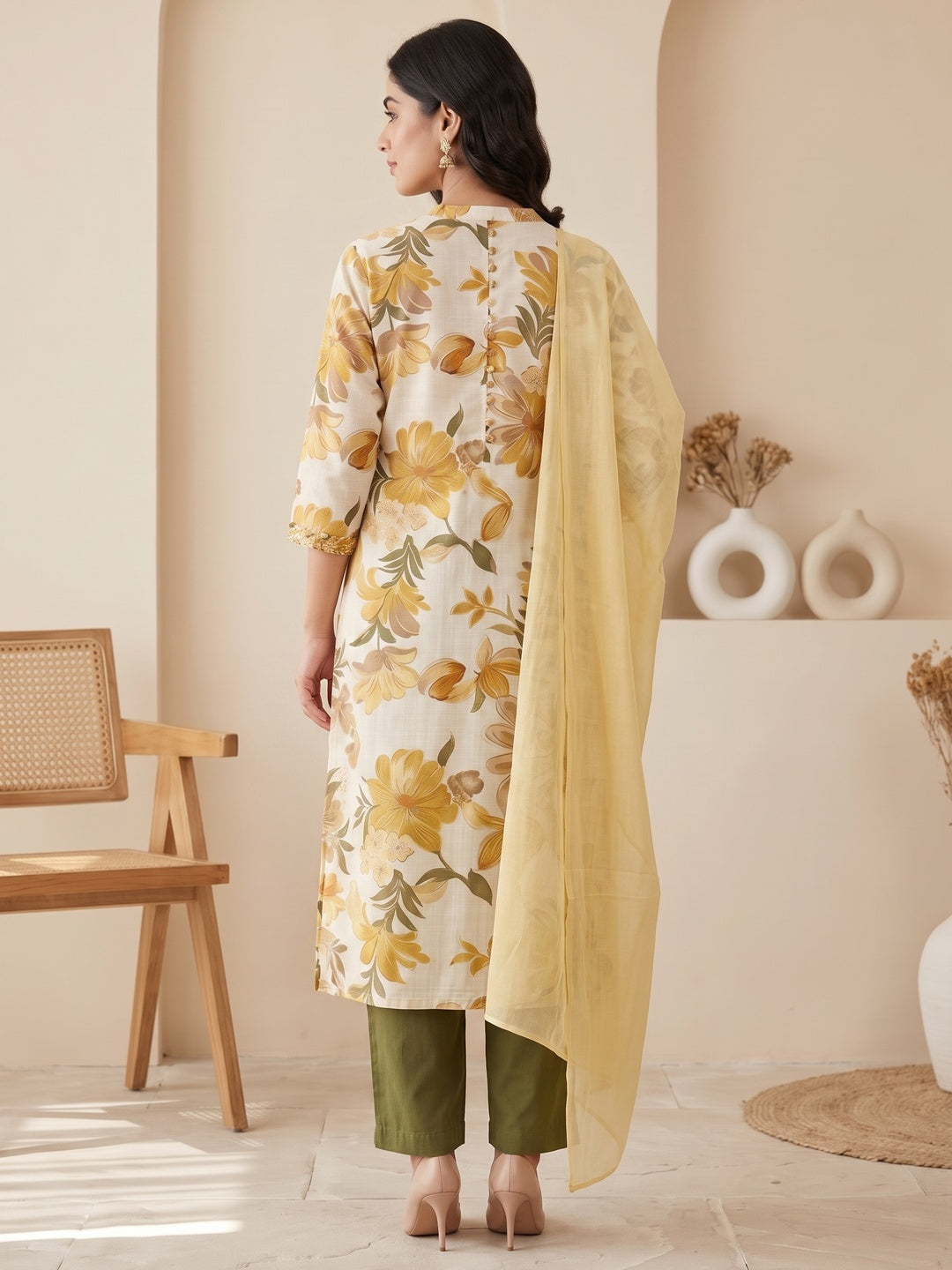 Yellow Floral Printed Salwar Suit Set with Chanderi Dupatta - Image 4