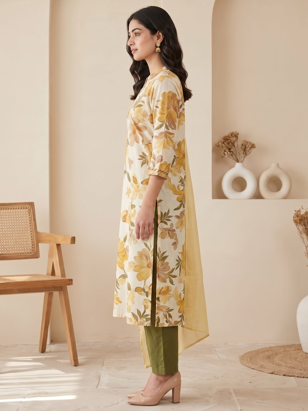 Yellow Floral Printed Salwar Suit Set with Chanderi Dupatta - Image 5