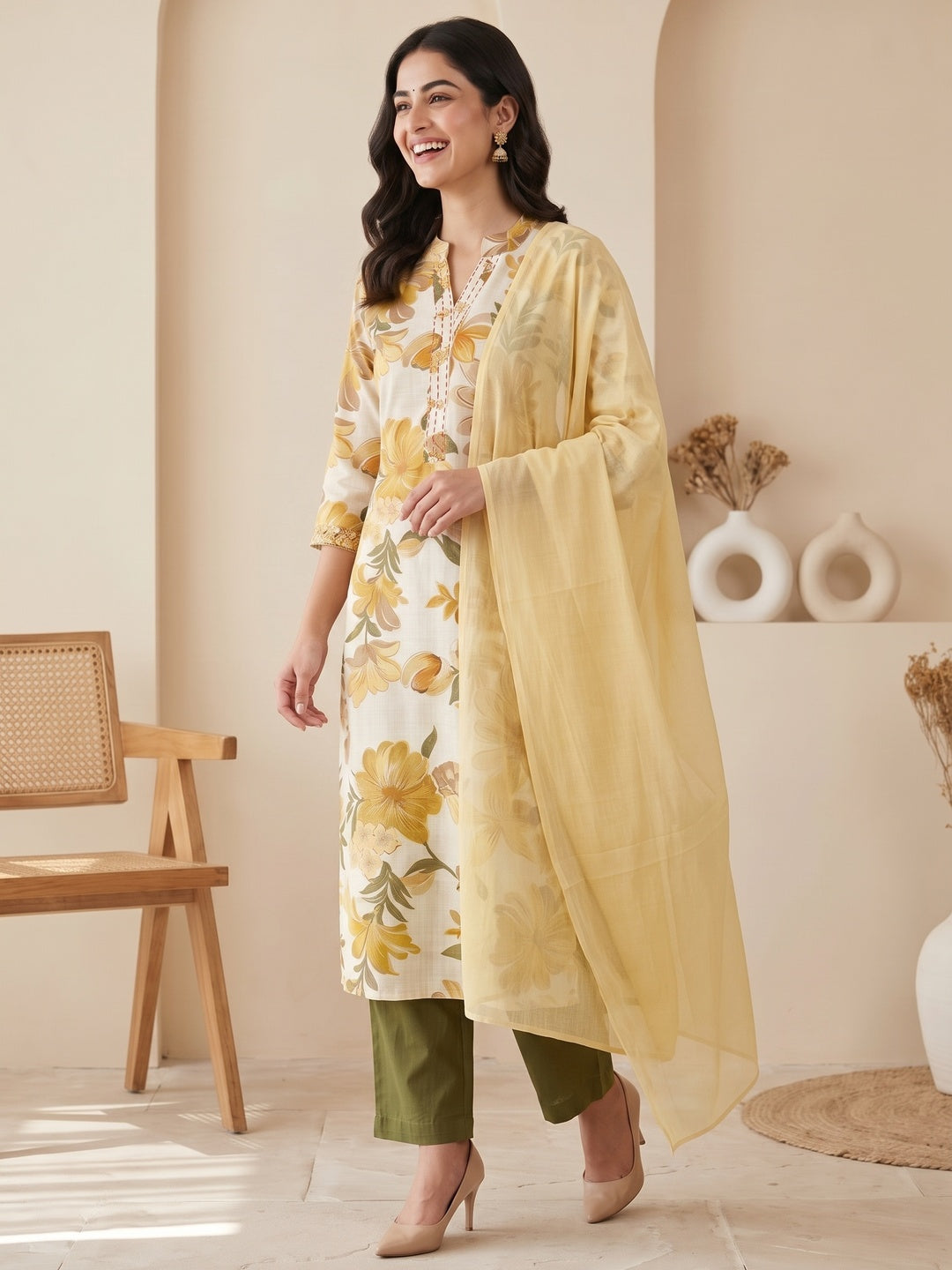 Yellow Floral Printed Salwar Suit Set with Chanderi Dupatta - Image 6
