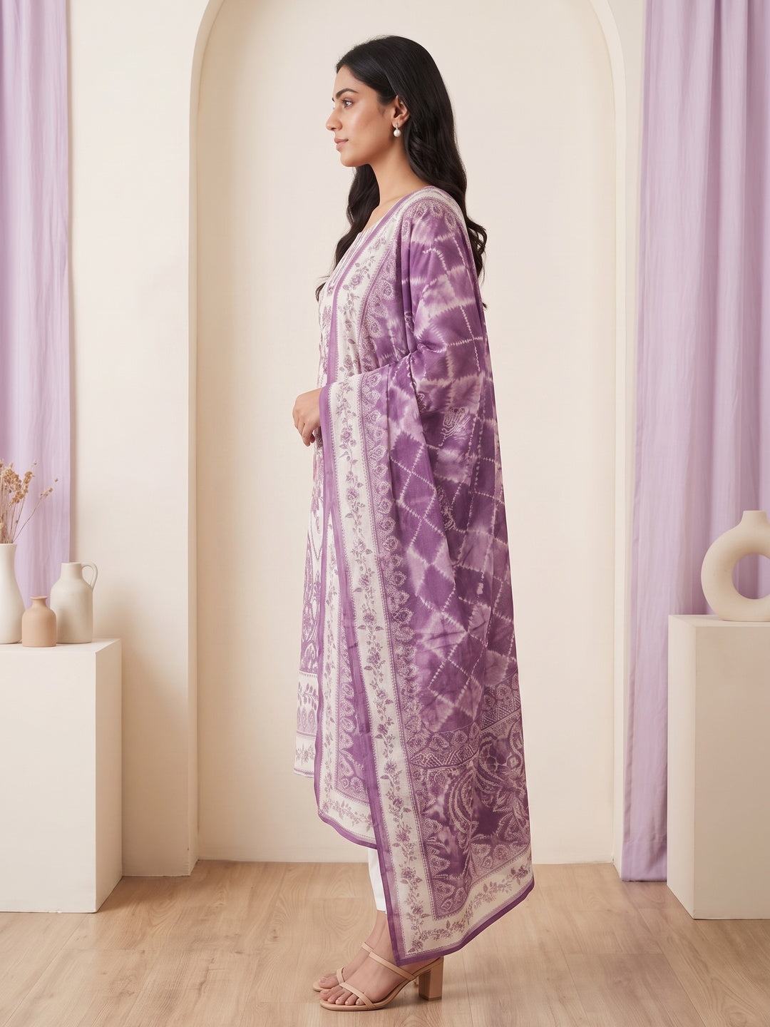 Off White Muslin Purple Floral Printed Salwar Suit Set - Image 6