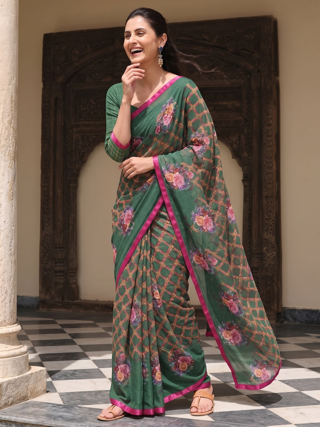 Green Printed Georgette Saree - Image 5