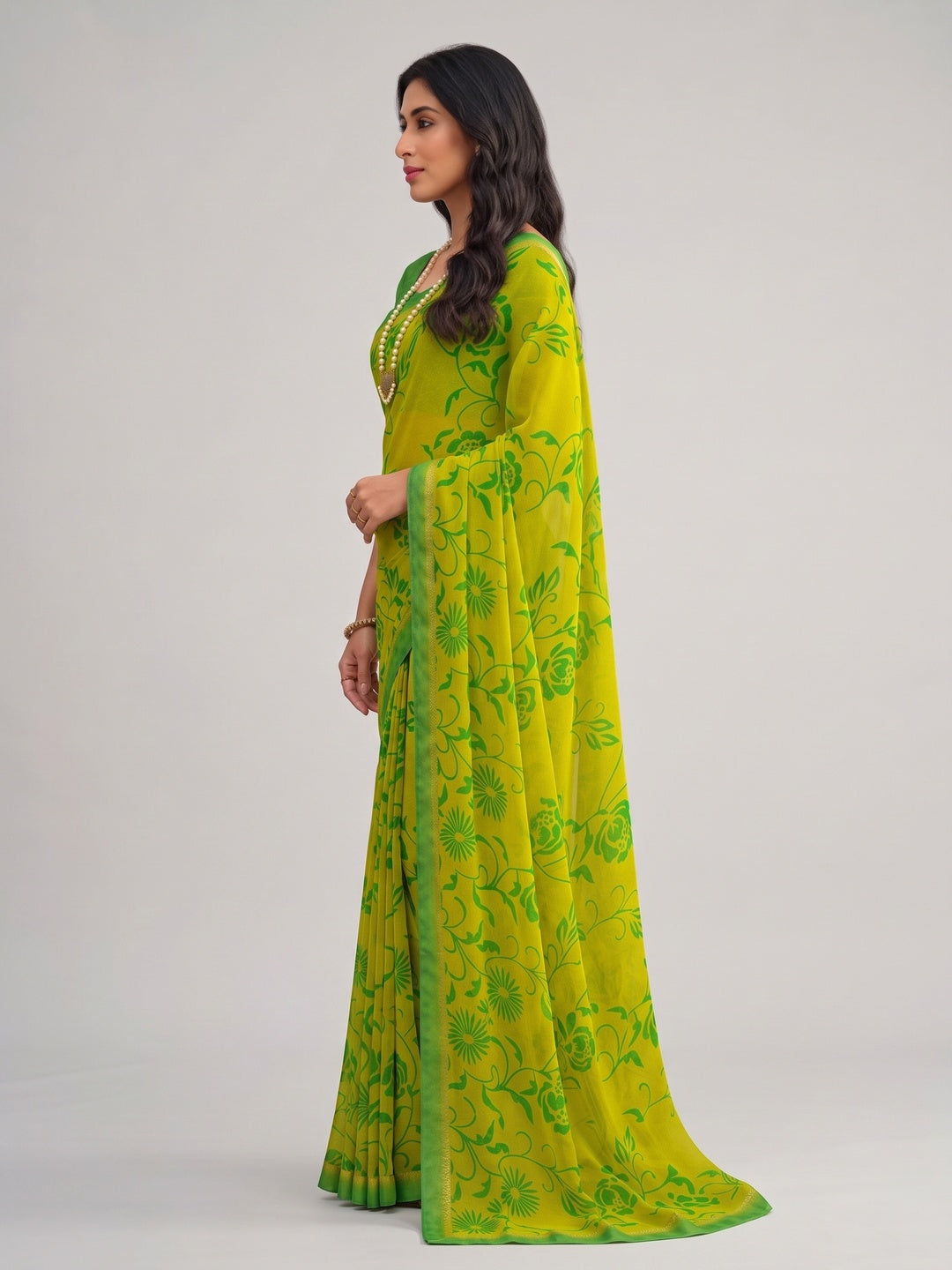 Lemon Green Floral Printed Georgette Saree - Image 3