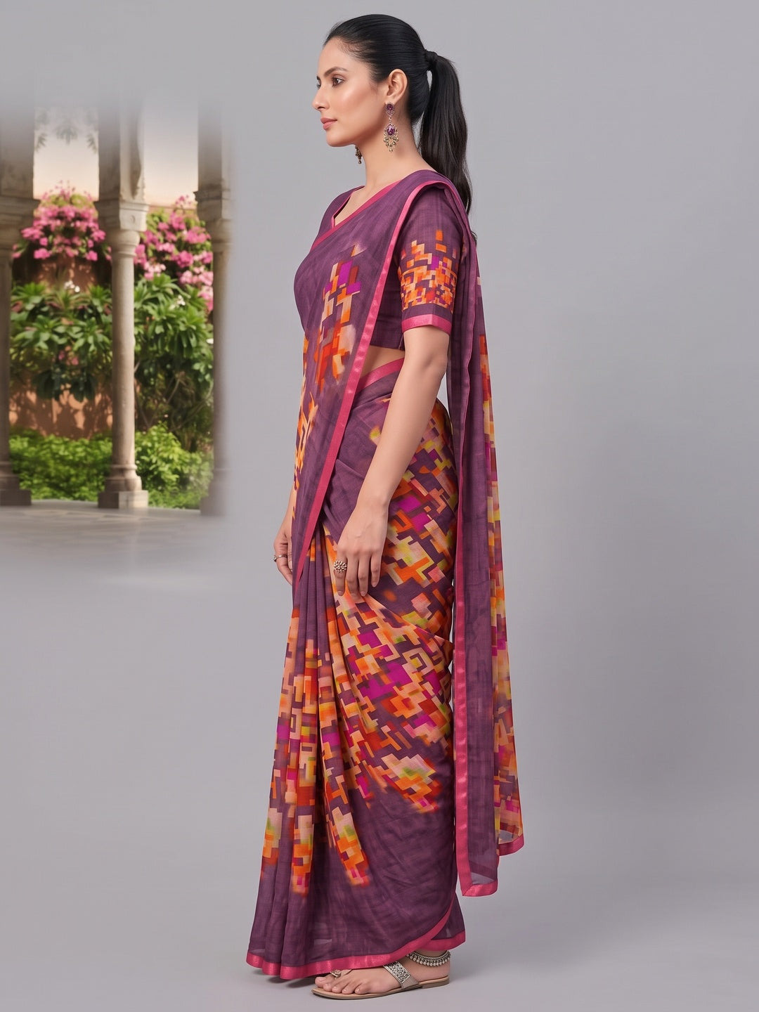 Purple Printed Georgette Saree - Image 4