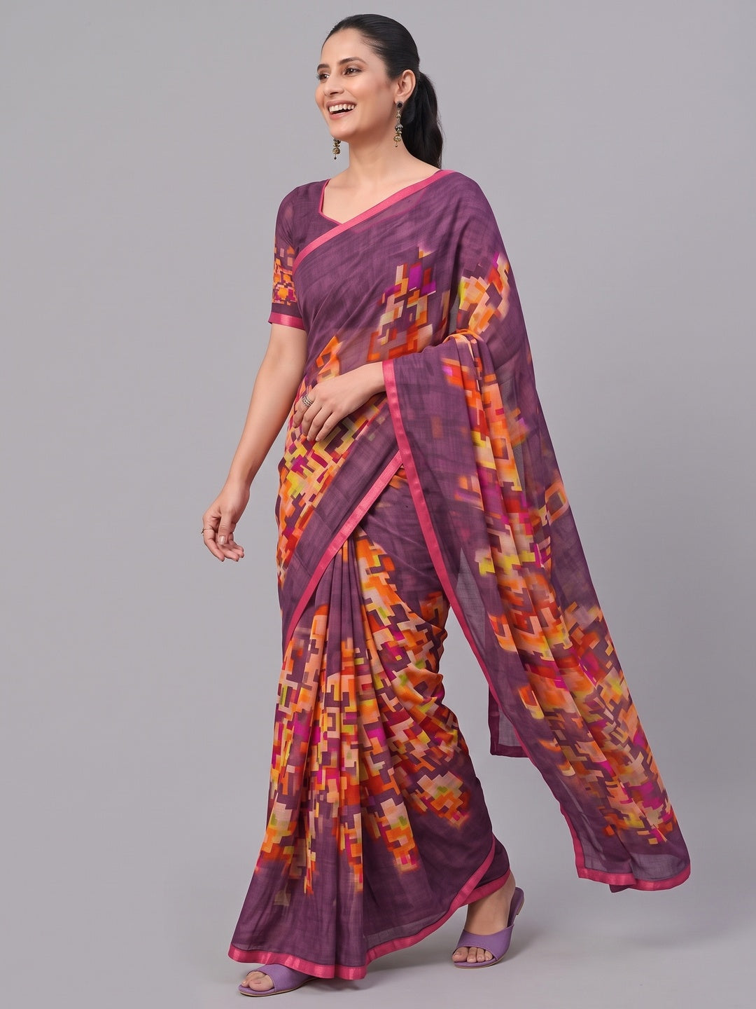 Purple Printed Georgette Saree - Image 5