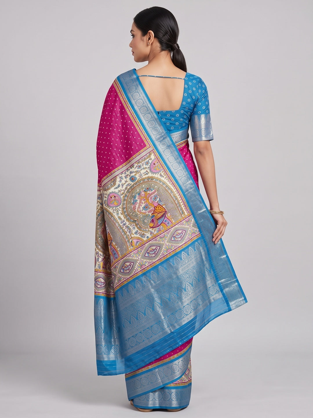 Pink Madhubani Work Woven Dola Silk Saree - Image 2