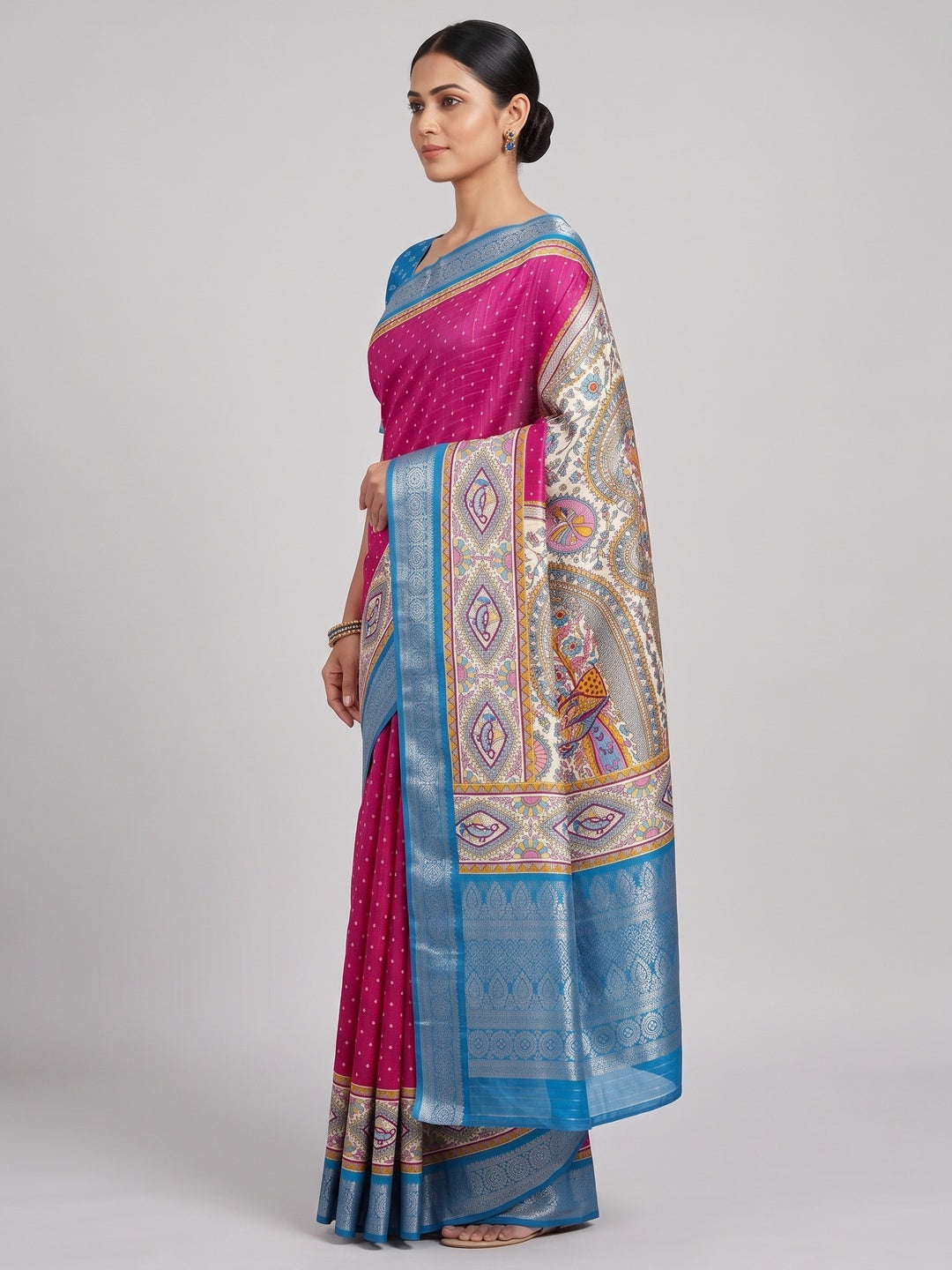 Pink Madhubani Work Woven Dola Silk Saree - Image 3