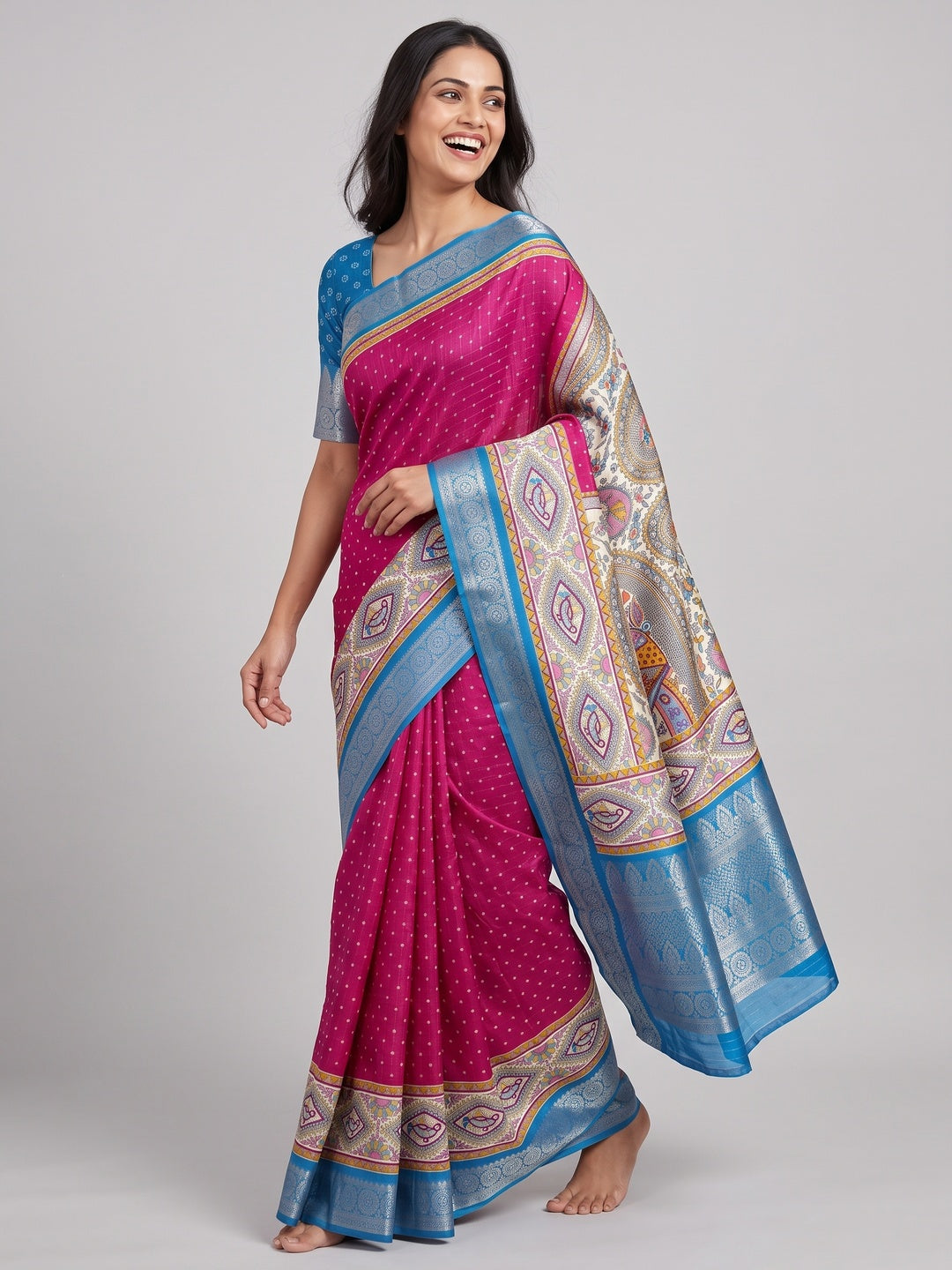 Pink Madhubani Work Woven Dola Silk Saree - Image 4