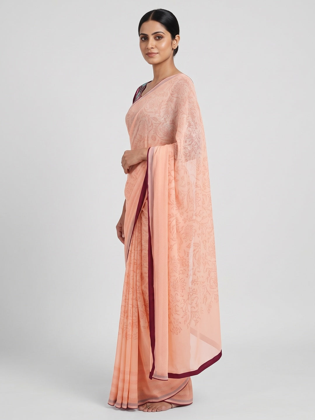 Light Peach Floral Printed Georgette Saree - Image 3
