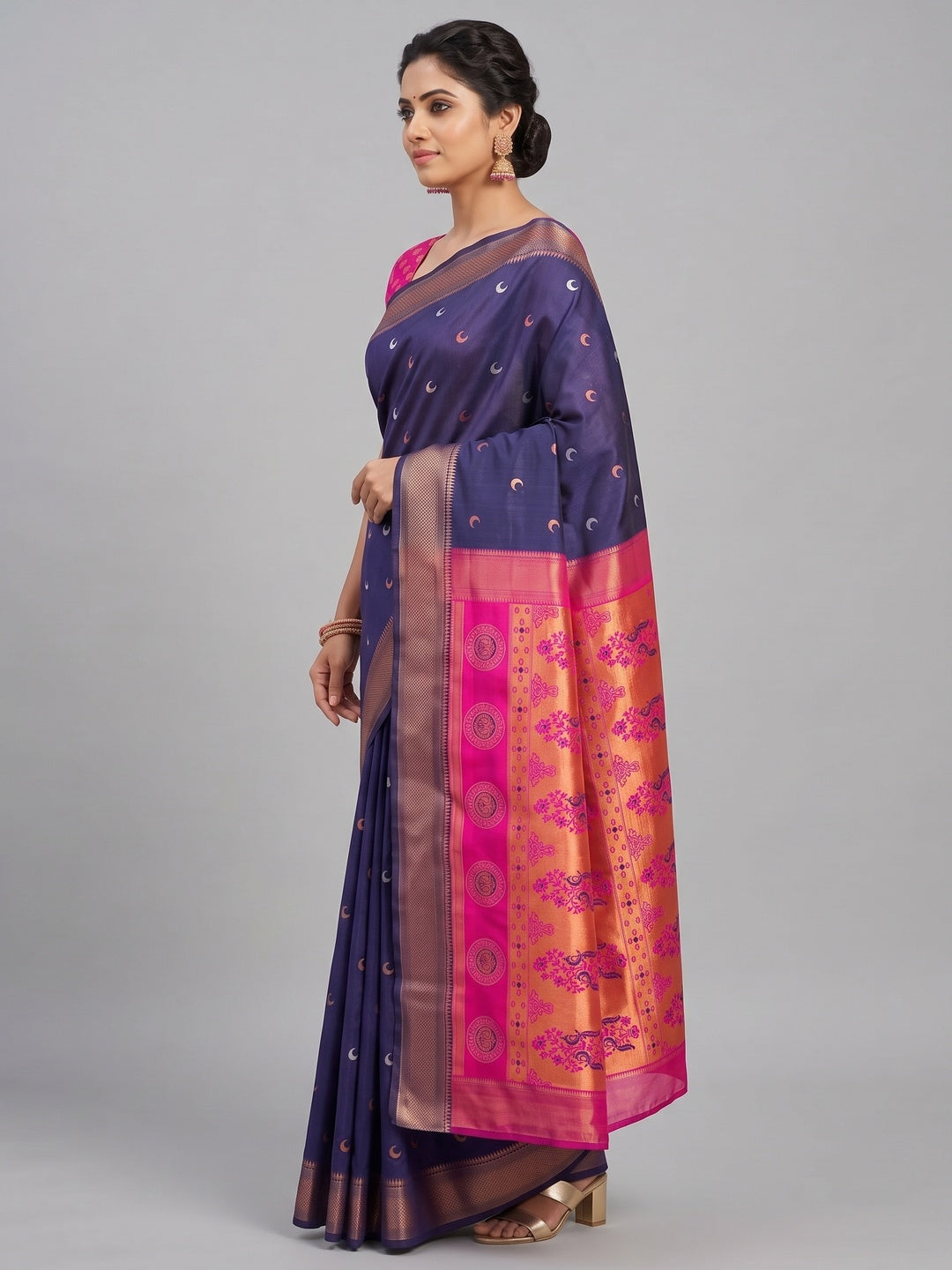 Blue Zari Weaving Cotton Silk Jacquard Saree - Image 3