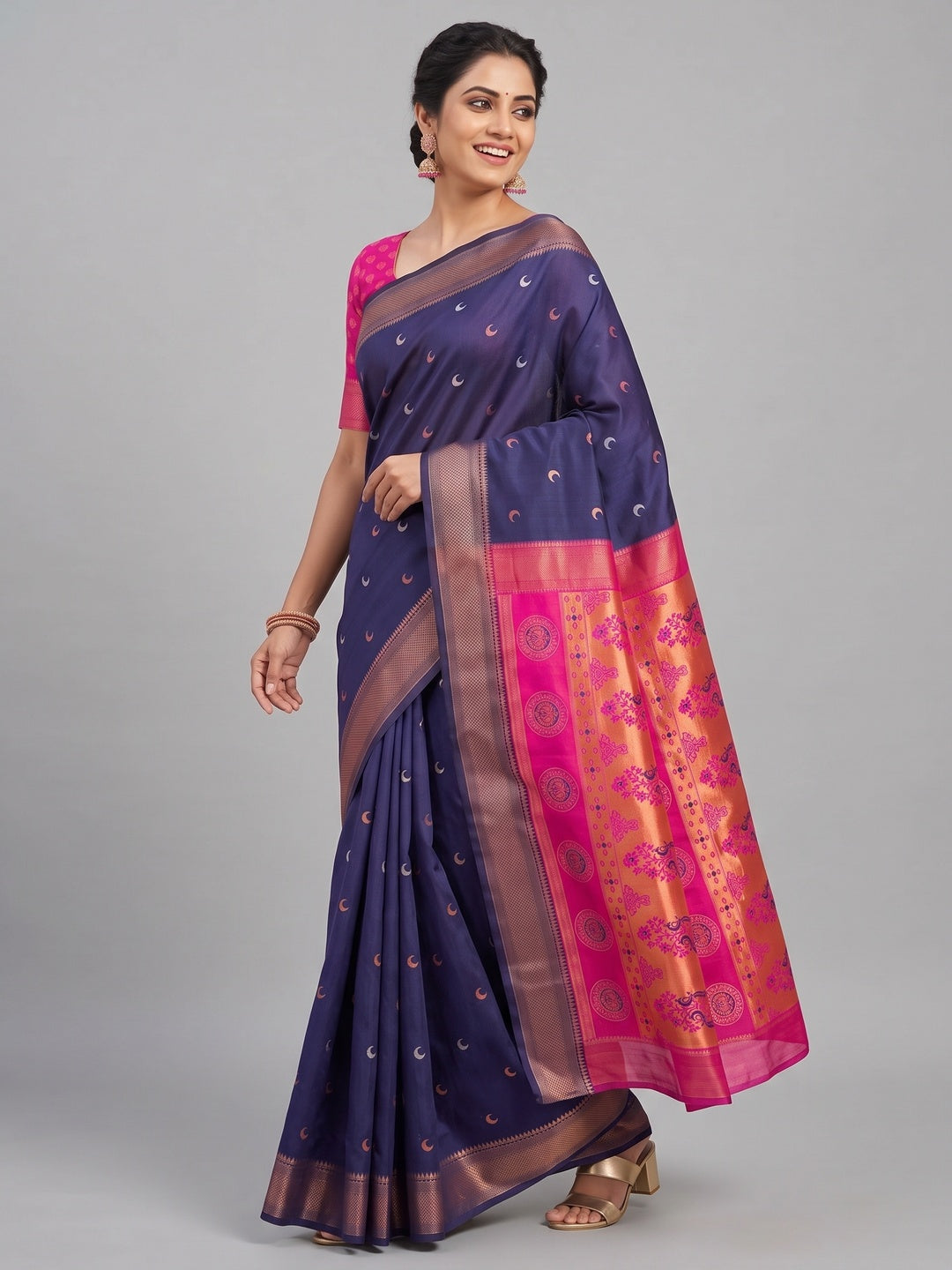 Blue Zari Weaving Cotton Silk Jacquard Saree - Image 4