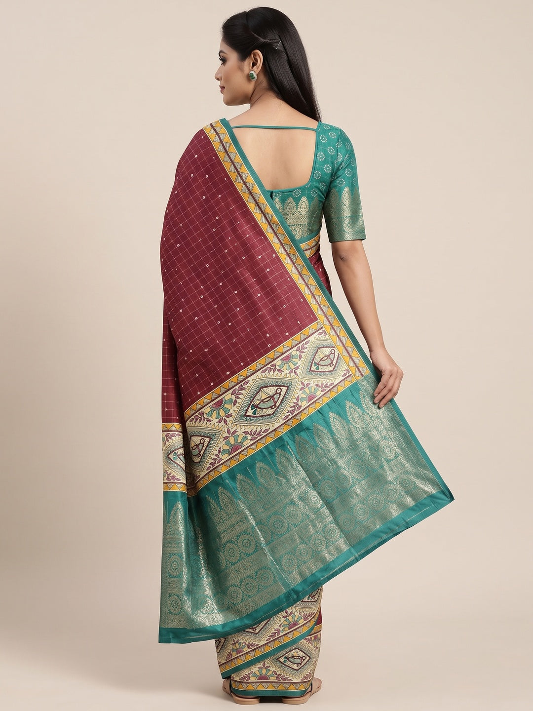 Maroon Madhubani Work Woven Dola Silk Saree - Image 2