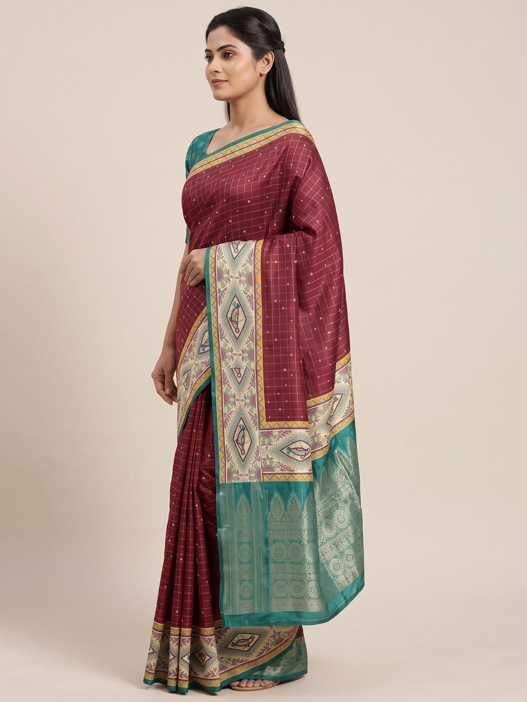 Maroon Madhubani Work Woven Dola Silk Saree - Image 3