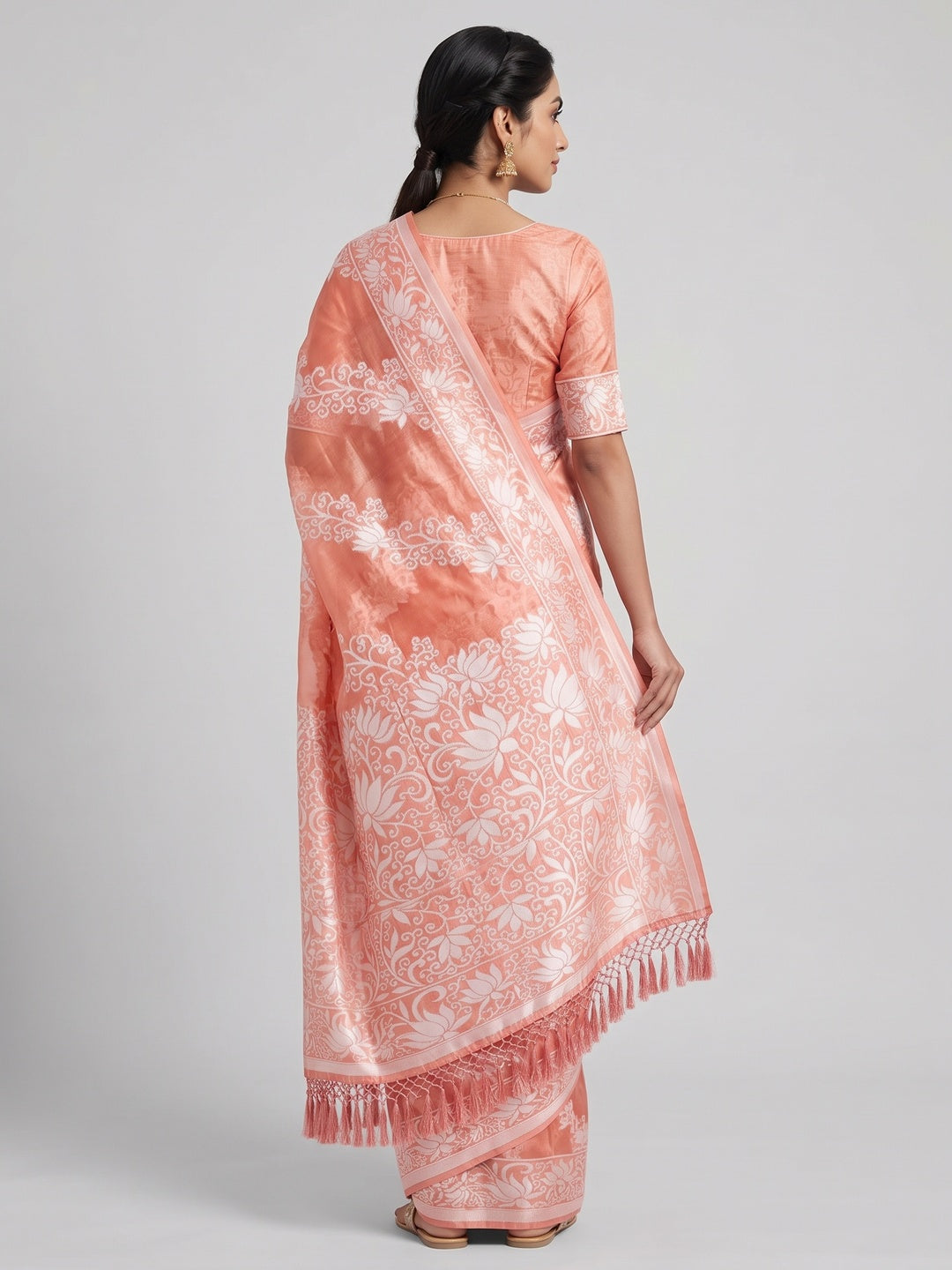 Peach Floral Woven Banarasi Silk Saree With Tassels - Image 2