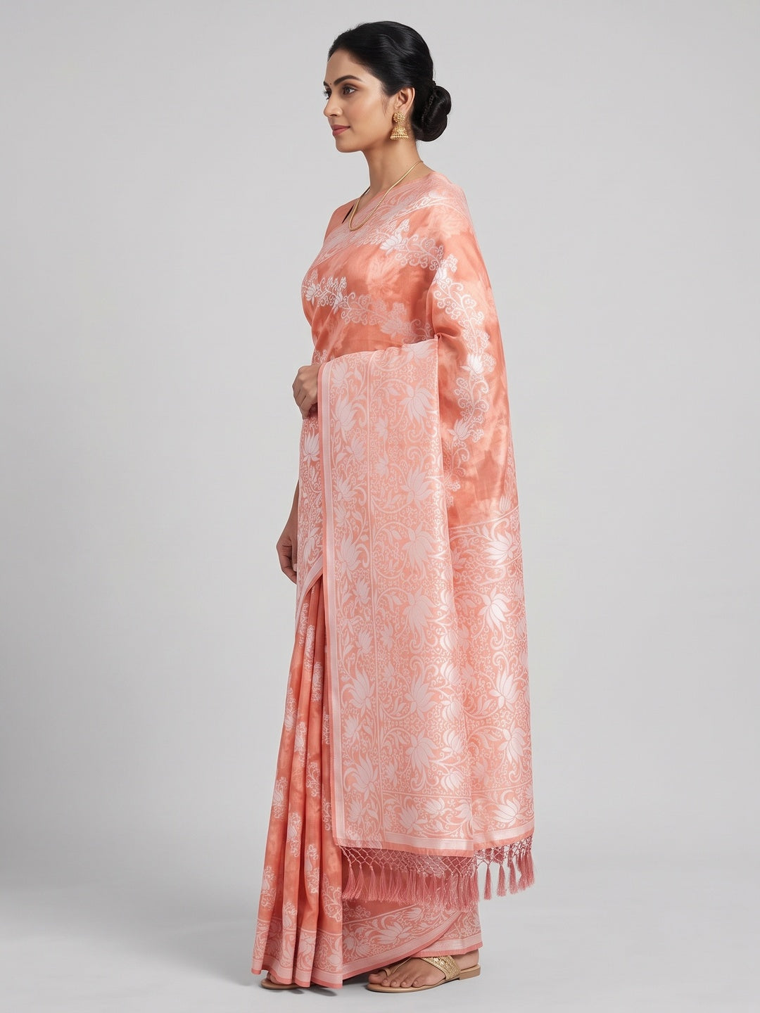 Peach Floral Woven Banarasi Silk Saree With Tassels - Image 3