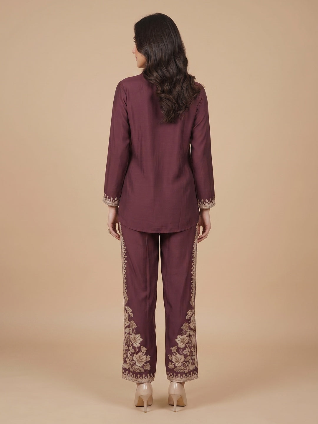 Gorgeous Wine Floral Embroidered Chinon Top Bottom Set for Party and Celebration Styling - Image 2