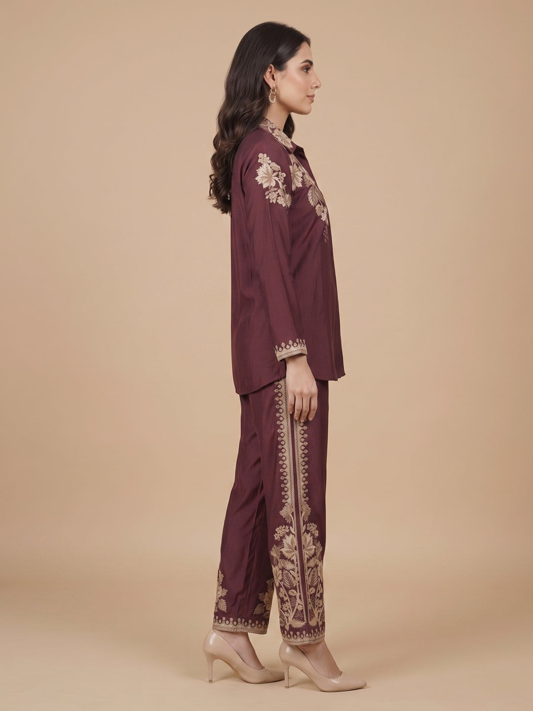Gorgeous Wine Floral Embroidered Chinon Top Bottom Set for Party and Celebration Styling - Image 3