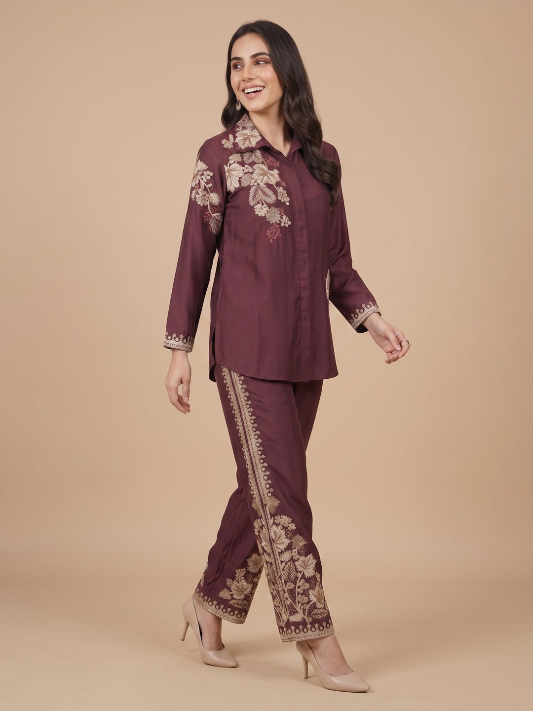 Gorgeous Wine Floral Embroidered Chinon Top Bottom Set for Party and Celebration Styling - Image 4