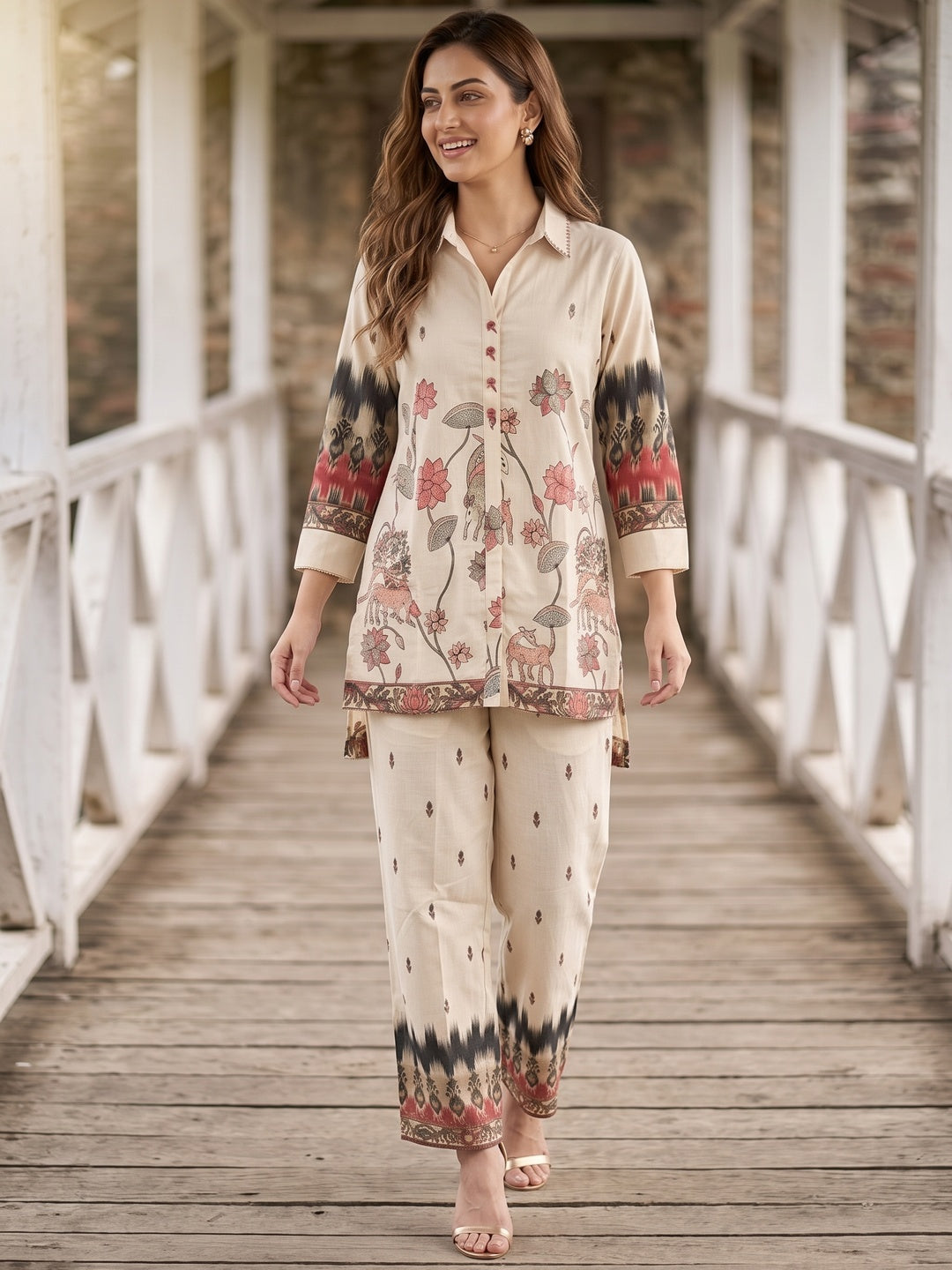 Off White Cotton Co-ord Set with Half Low Style Top and Stylish Bottom - Image 8