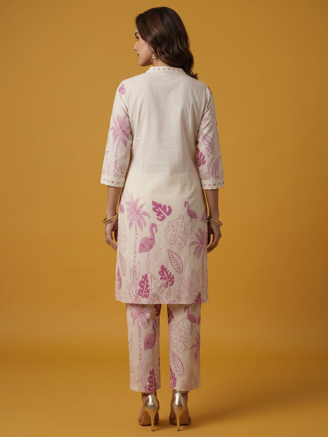 Off White Straight Co-ord in Cotton Flex with Floral Design - Image 2