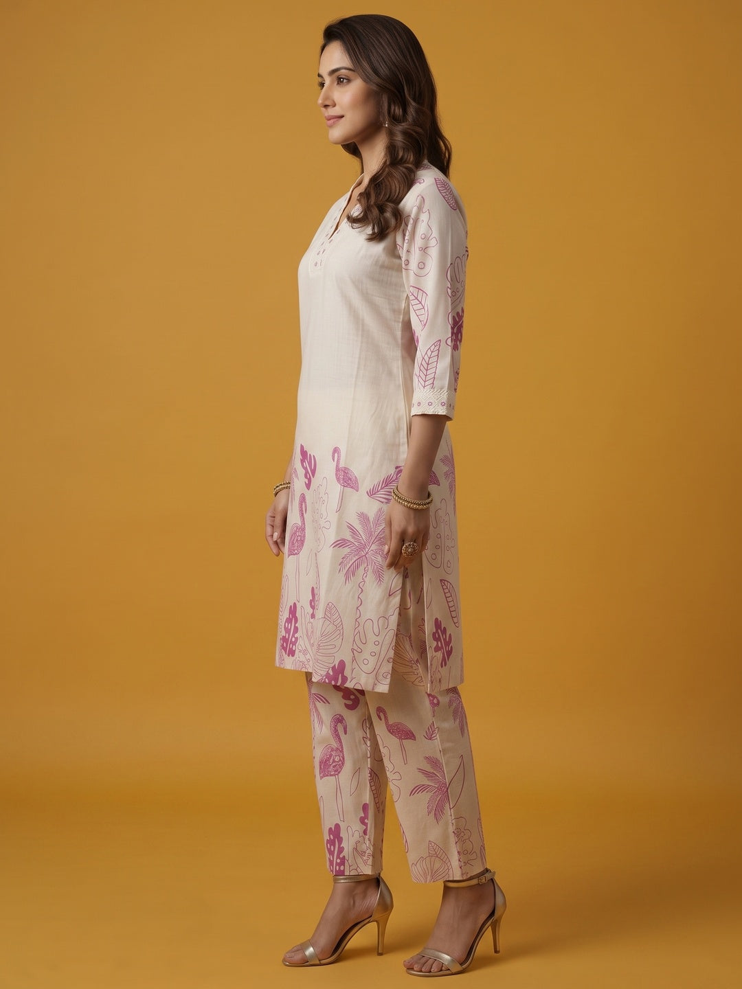 Off White Straight Co-ord in Cotton Flex with Floral Design - Image 3