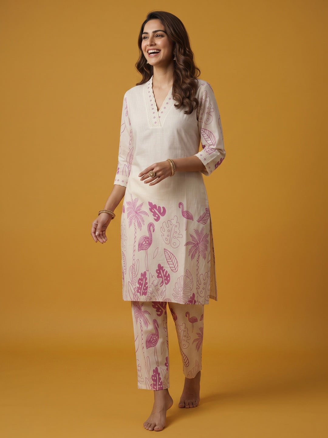 Off White Straight Co-ord in Cotton Flex with Floral Design - Image 4