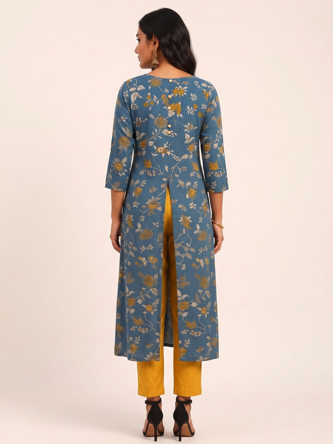 Blue Cotton Top Bottom Set Featuring Floral Prints & Handcrafted Details - Image 5