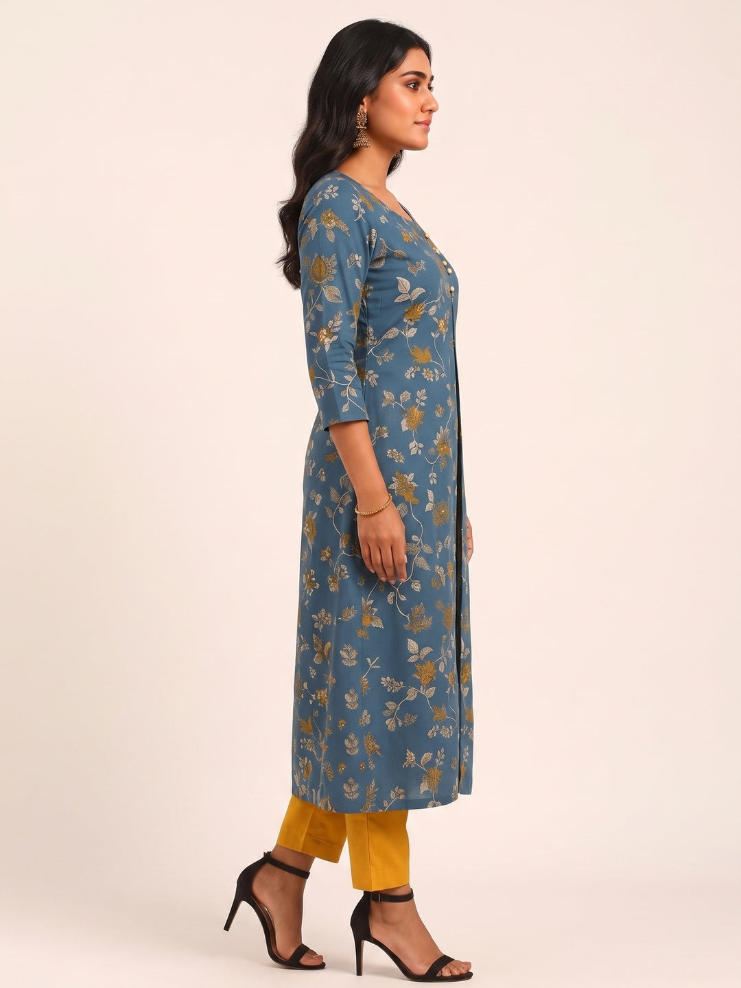 Blue Cotton Top Bottom Set Featuring Floral Prints & Handcrafted Details - Image 6