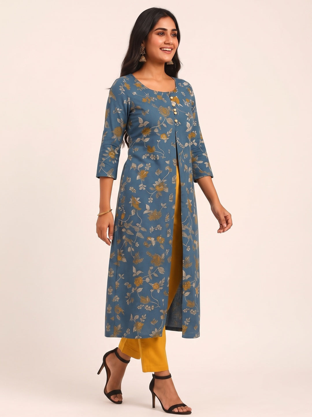Blue Cotton Top Bottom Set Featuring Floral Prints & Handcrafted Details - Image 7