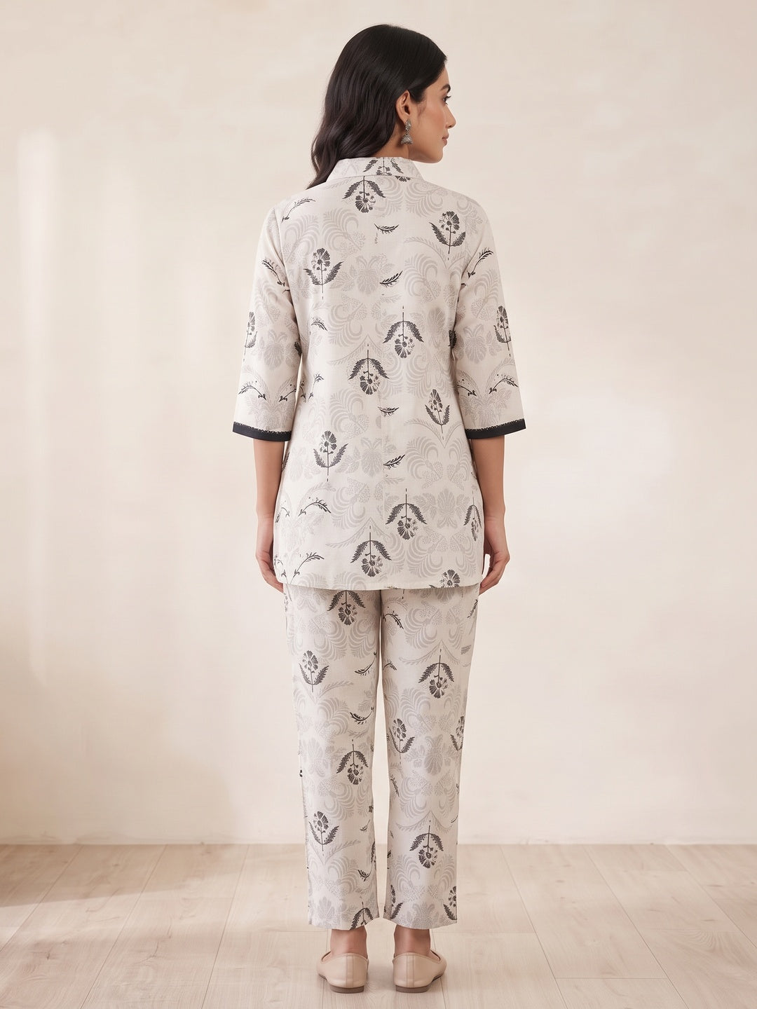 White Cotton Flex Floral Printed Top Bottom Set - Image 5
