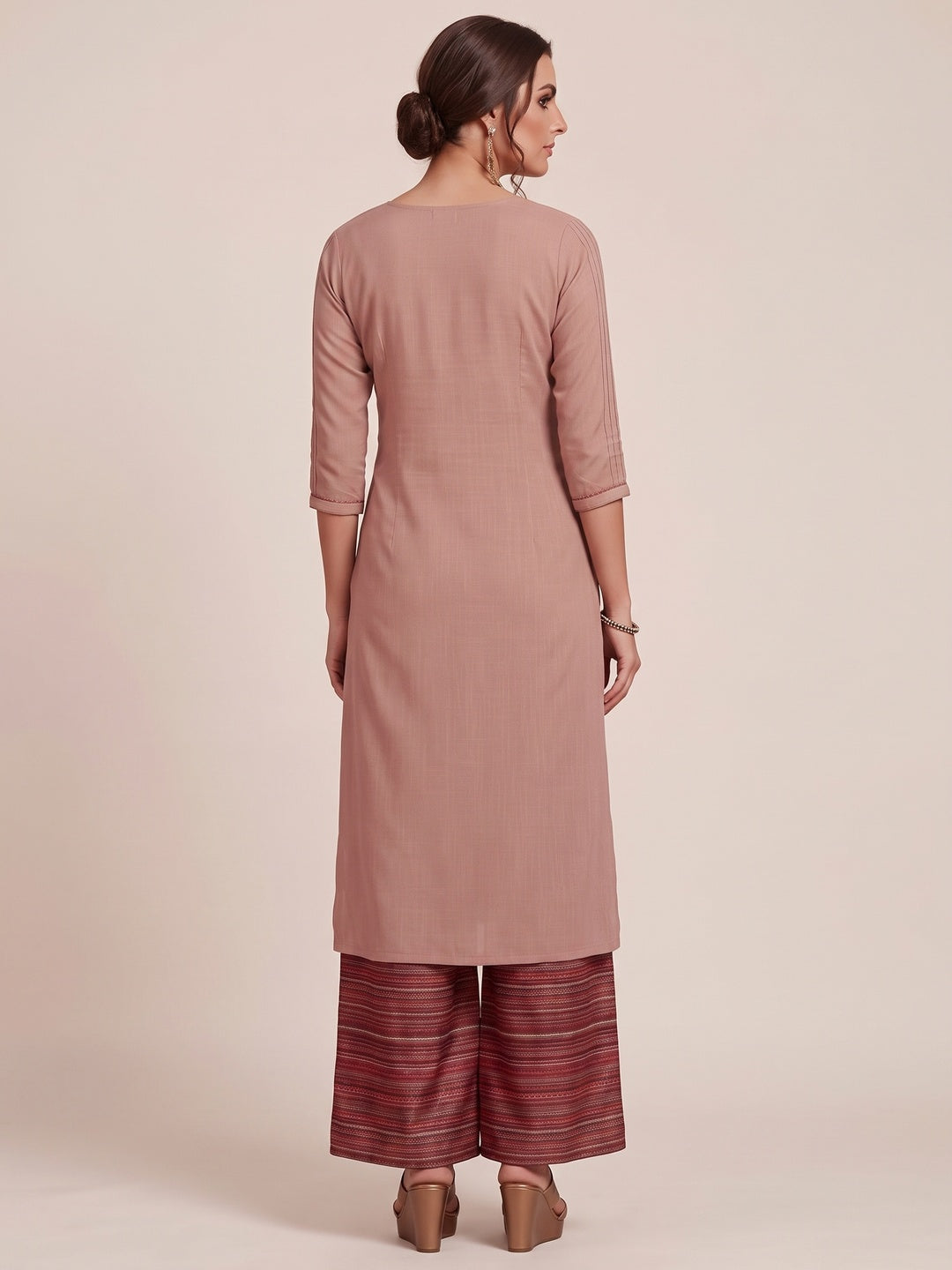 Flaunt Light Brown Colored Partywear Embroidered Pure Muslin-Silk Kurti-Palazzo Set - Image 2