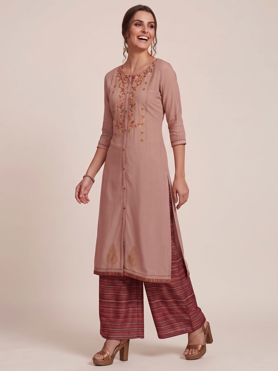 Flaunt Light Brown Colored Partywear Embroidered Pure Muslin-Silk Kurti-Palazzo Set - Image 4