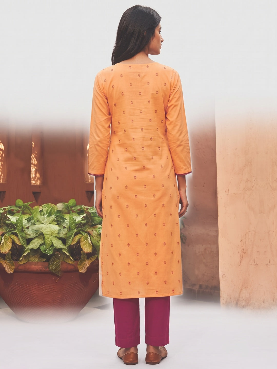 Orange Embroidered Pure Cotton Kurti Pant Set - Image 3