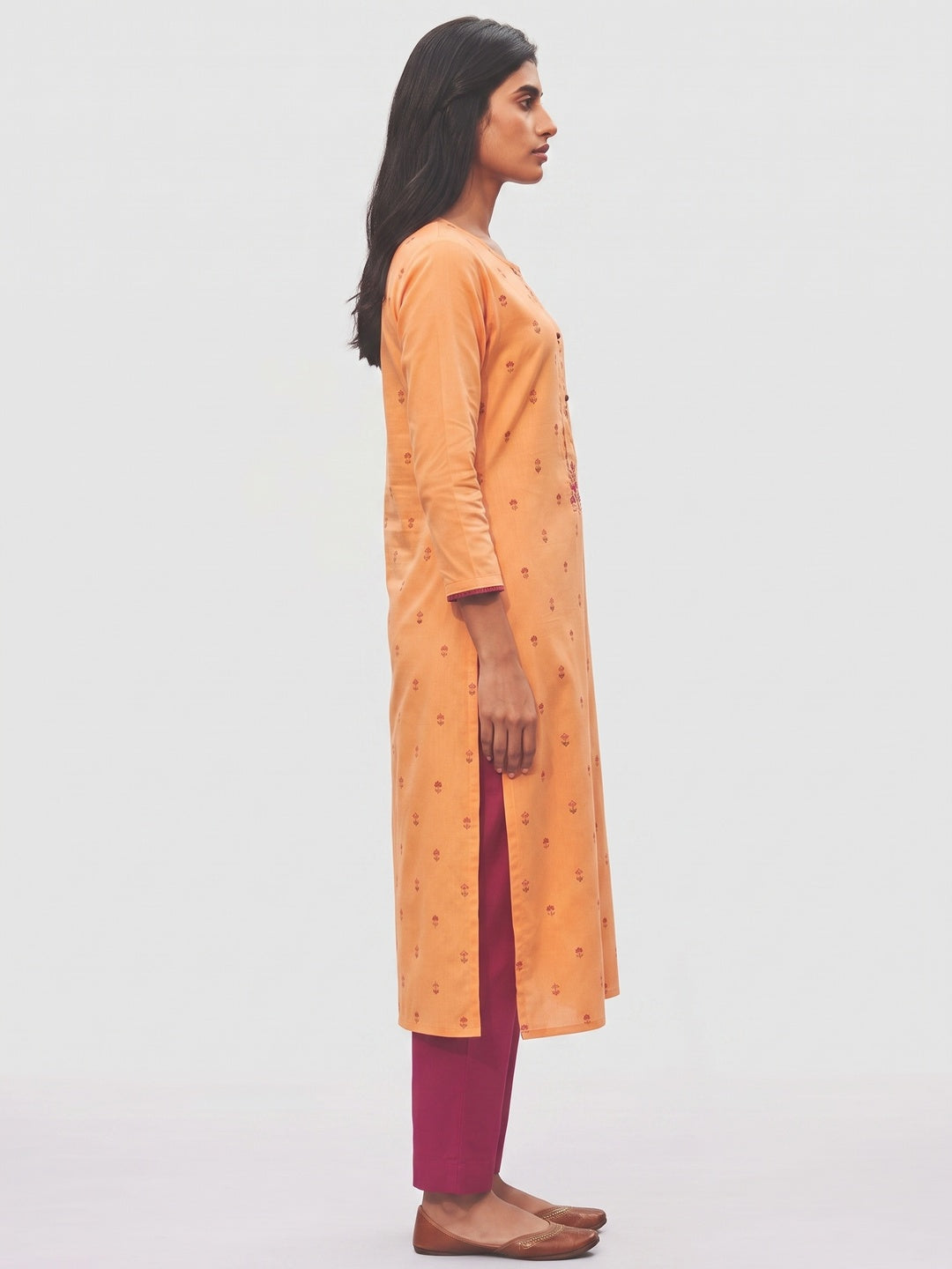 Orange Embroidered Pure Cotton Kurti Pant Set - Image 4