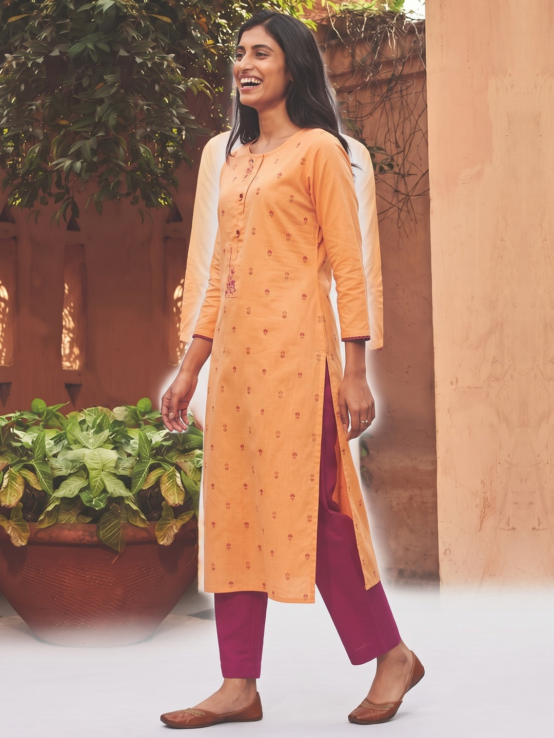 Orange Embroidered Pure Cotton Kurti Pant Set - Image 5