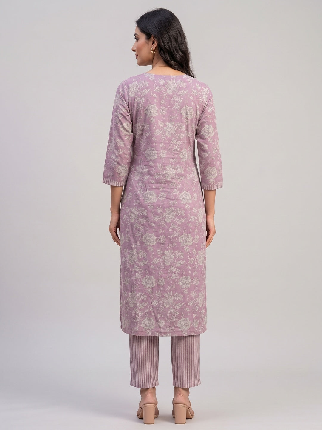 Purple Floral Printed With Katha Work Pure Cotton Straight Kurti Sets - Image 5