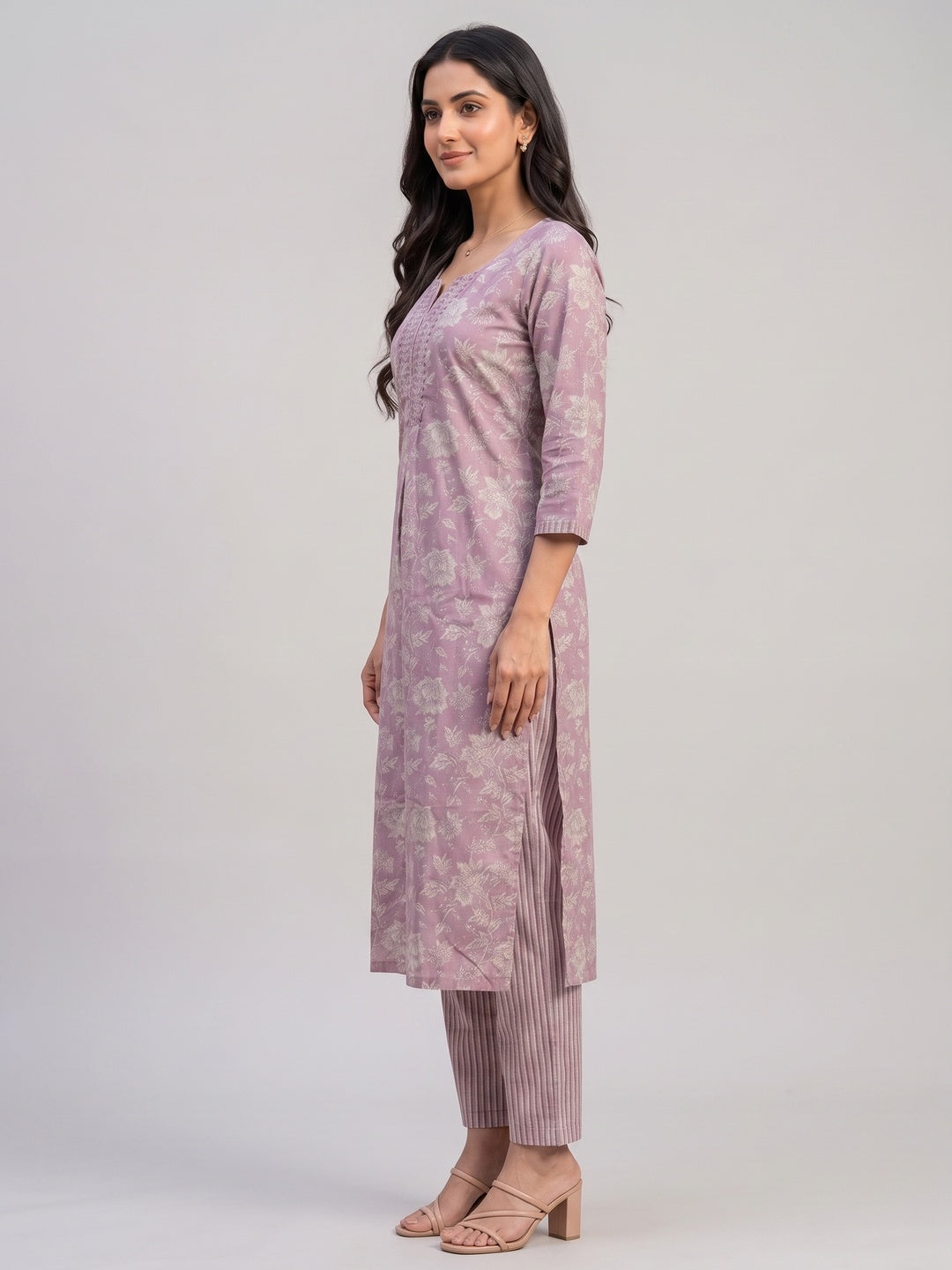 Purple Floral Printed With Katha Work Pure Cotton Straight Kurti Sets - Image 6