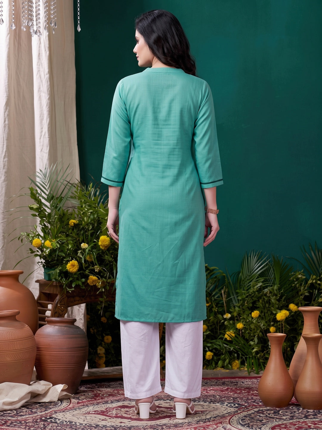 Turquoise Yoke Embroidered Pure Cotton Straight Kurti - Image 2